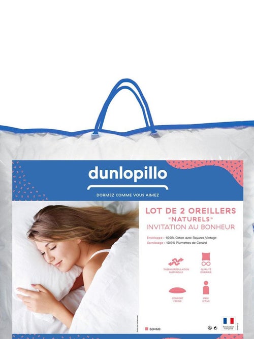 Lot de 2 oreillers Invitation au Bonheur - 100% plumettes - DUNLOPILLO - Kiabi
