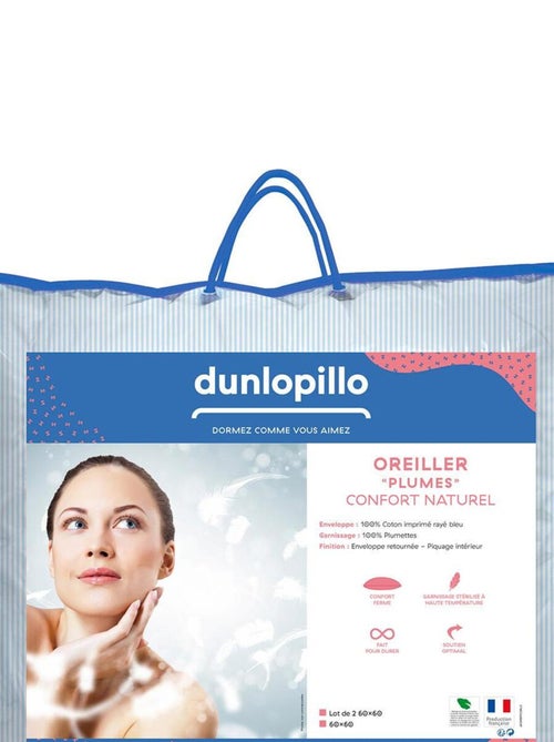 Lot de 2 oreillers Plumes Fermes - 100% plumettes - DUNLOPILLO - Kiabi Lot de 2 oreillers Plumes Fermes - 100% plumettes - DUNLOPILLO - Kiabi