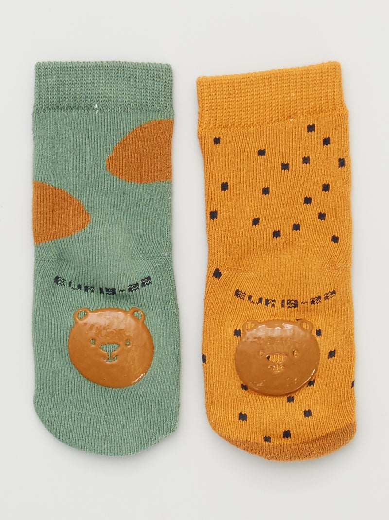 Lot de 2 paires de chaussettes antidérapantes Camel/vert - Kiabi