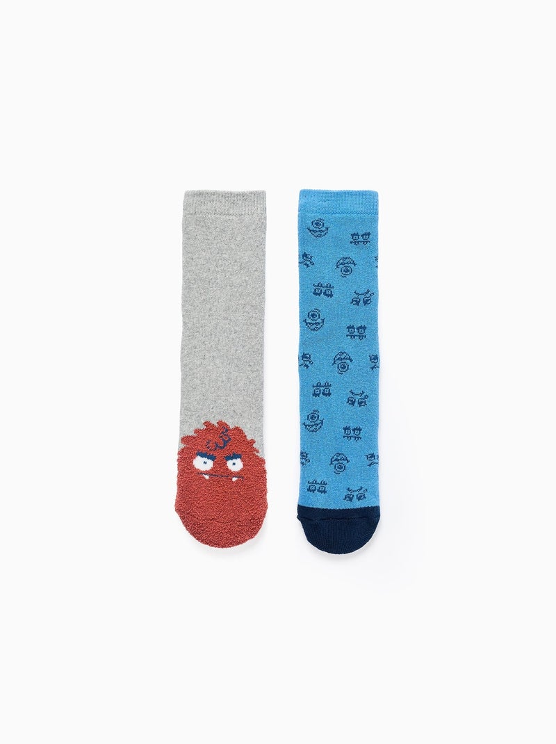 Lot de 2 Paires de Chaussettes Antidérapantes Monsters Gris Bleu - Kiabi