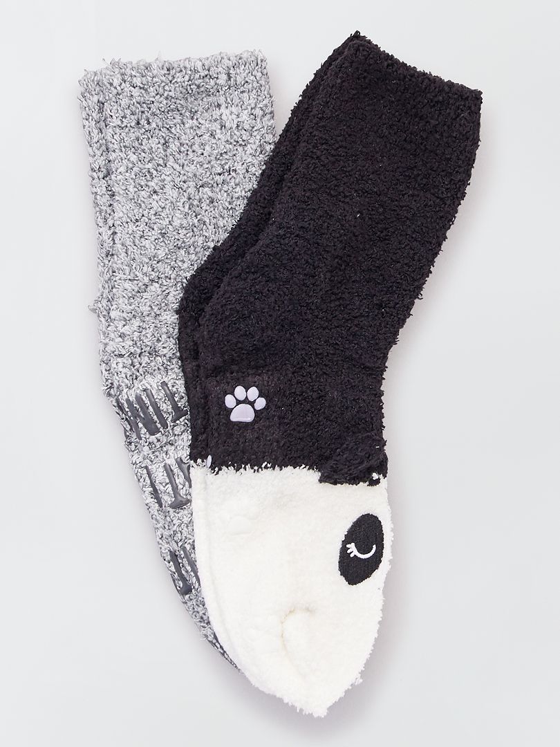 Lot de 2 paires de chaussettes chaudes 'animaux' gris noir blanc - Kiabi