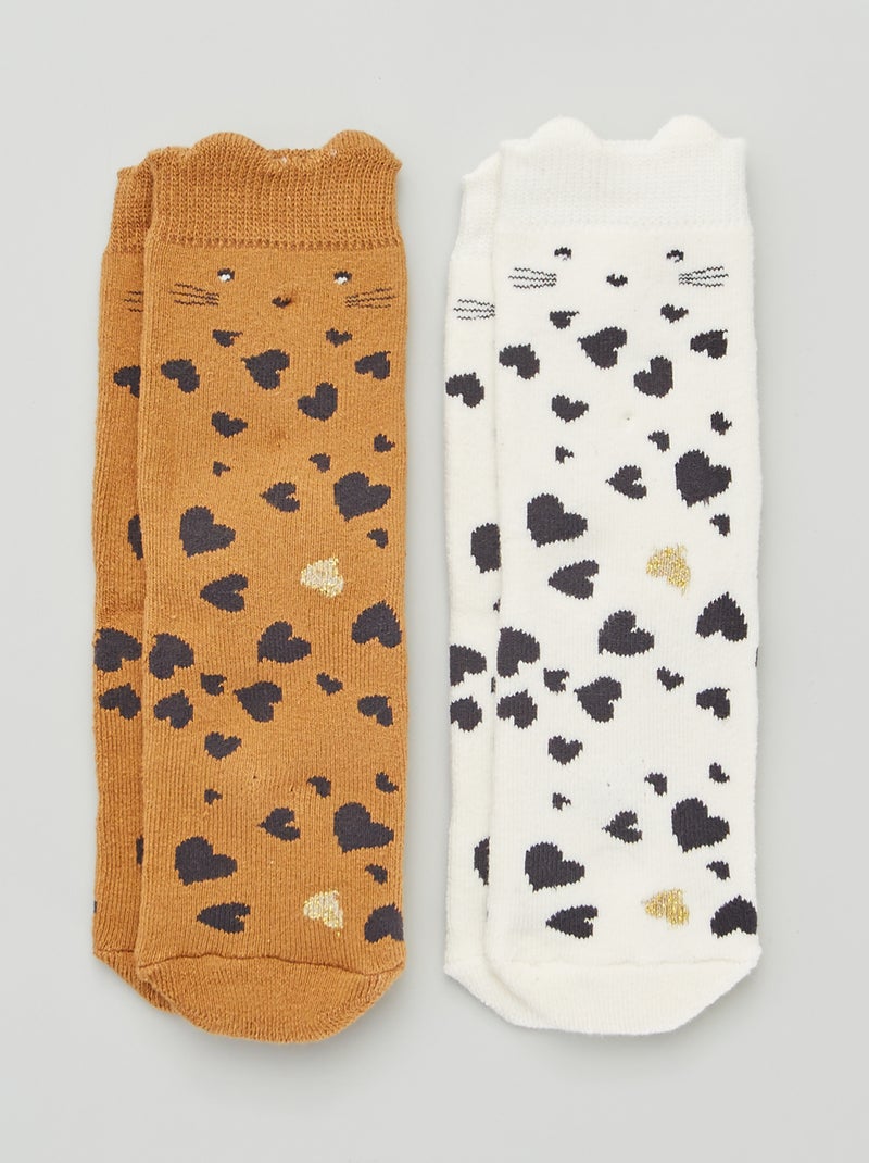 Lot de 2 paires de chaussettes 'coeurs' et 'chat' Marron/blanc - Kiabi