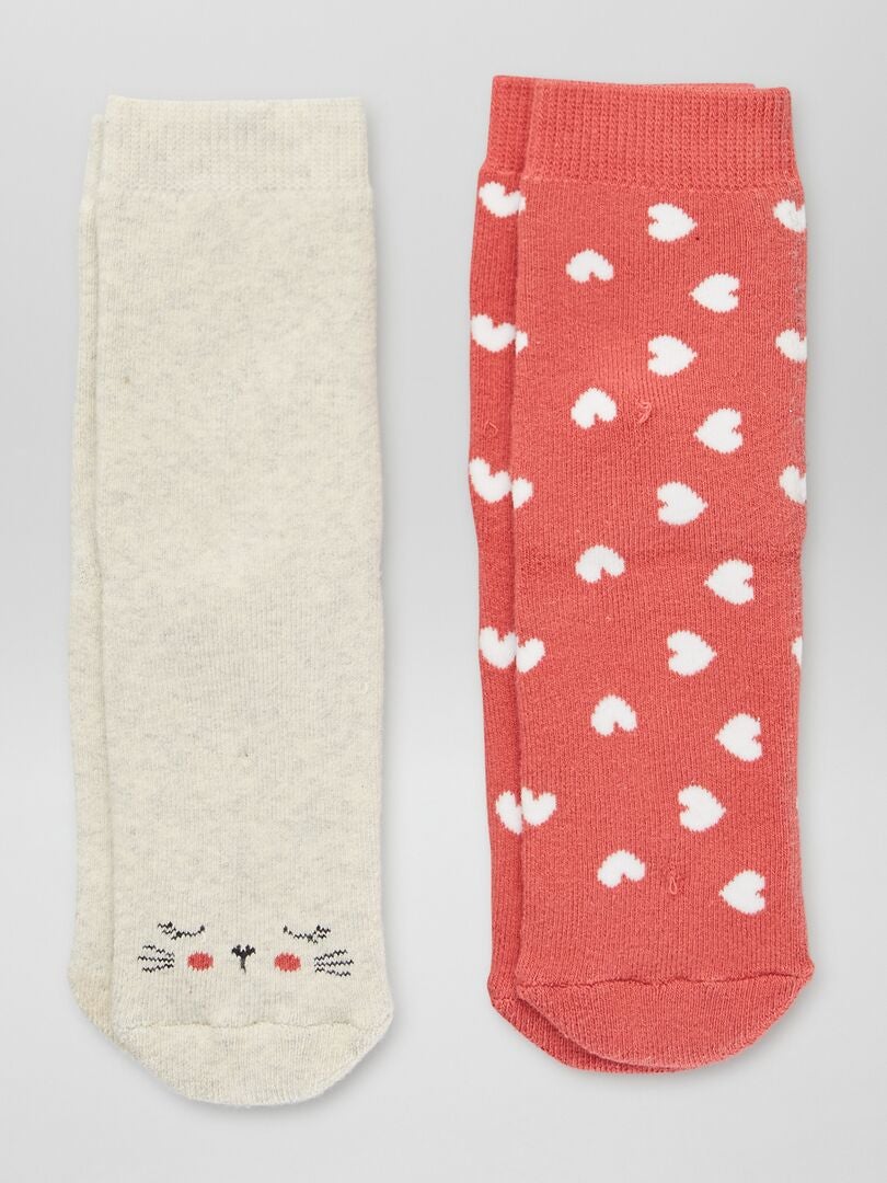 Lot de 2 paires de chaussettes 'coeurs' et 'chat' Rouge/beige - Kiabi