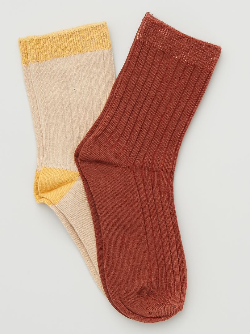 Lot de 2 paires de chaussettes côtelées beige/marron - Kiabi