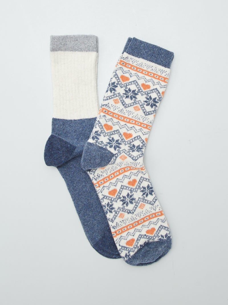 Lot de 2 paires de chaussettes en laine mélangée beige/bleu - Kiabi