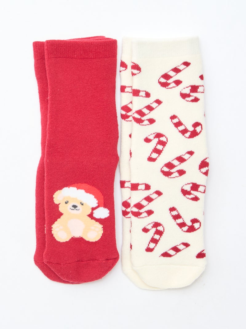 Lot de 2 paires de chaussettes fantaisie Noël antidérapante Rouge - Kiabi