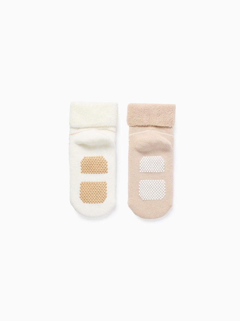 Lot de 2 Paires de Chaussettes Rayées Antidérapantes Blanc Beige - Kiabi