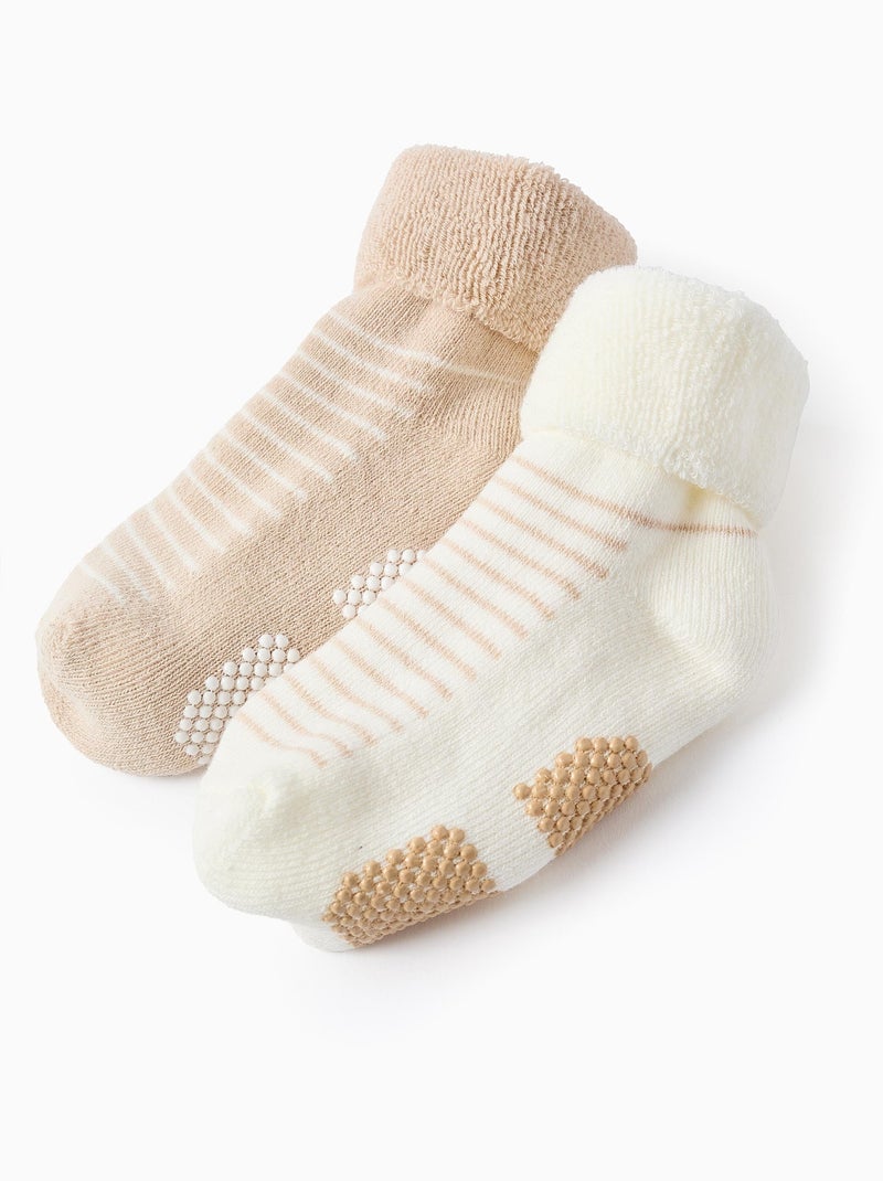 Lot de 2 Paires de Chaussettes Rayées Antidérapantes Blanc Beige - Kiabi