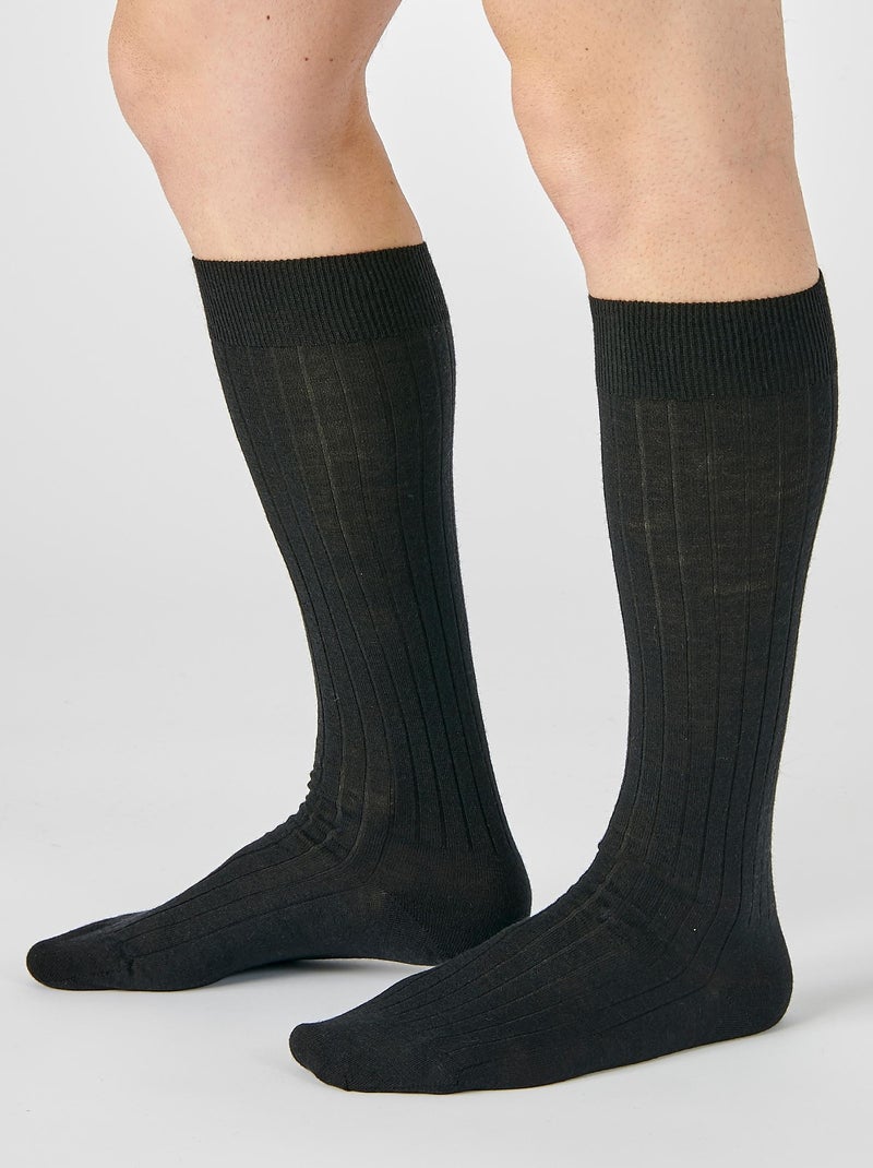 Lot de 2 paires de mi-bas mélange laine Mérinos côte Derby - Damart Noir - Kiabi