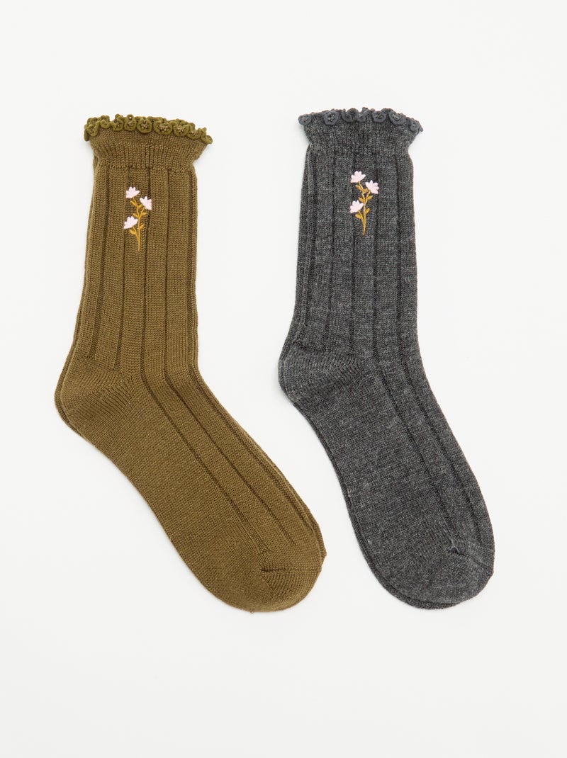 Lot de 2 paires de mi-chaussettes brodées Gris - Kiabi