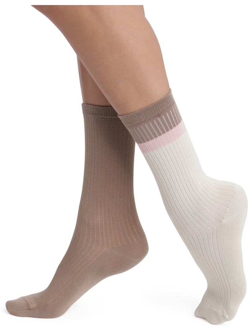 Lot de 2 paires de mi-chaussettes modal fancy Corail/Turquoise/Crème - Kiabi