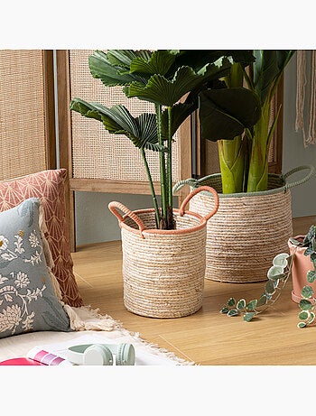 Lot de 2 paniers ronds en fibres de maïs tressées à anses colorées WILD