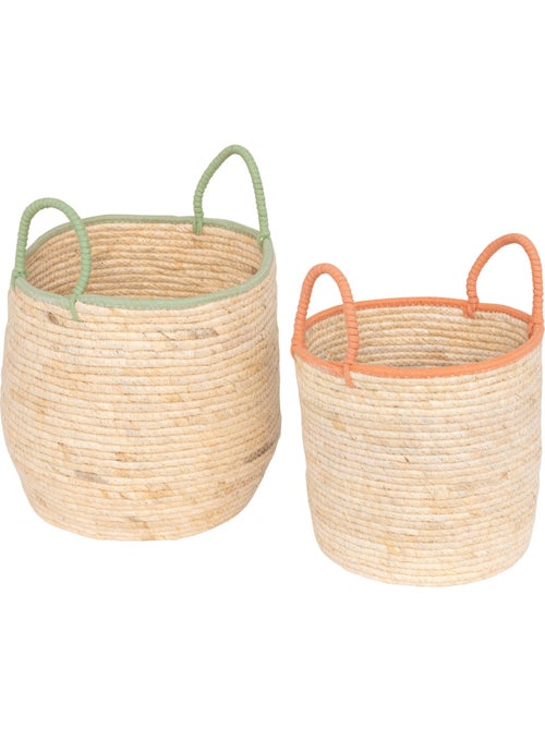 Lot de 2 paniers ronds en fibres de maïs tressées à anses colorées WILD - Kiabi Lot de 2 paniers ronds en fibres de maïs tressées à anses colorées WILD - Kiabi
