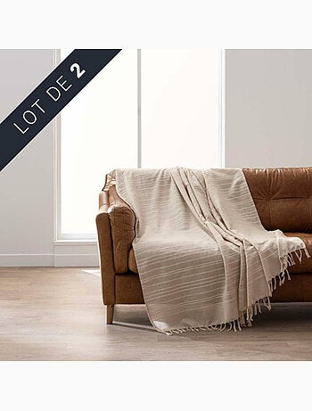 Lot de 2 plaids lilia 180 x 220 cm – 100 % coton – plaid à franges beige
