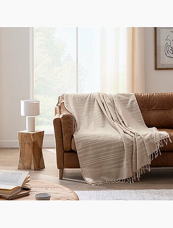 Lot de 2 plaids lilia 180 x 220 cm – 100 % coton – plaid à franges beige