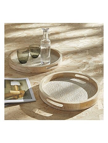 Lot de 2 plateaux arrondis motif devant bois MANGO WOOD