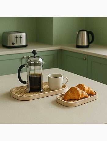 Lot de 2 plateaux ovales en bois et rotin