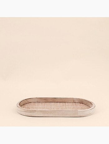 Lot de 2 plateaux ovales en bois et rotin