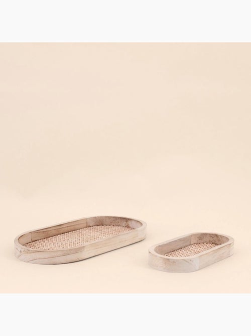 Lot de 2 plateaux ovales en bois et rotin - Kiabi