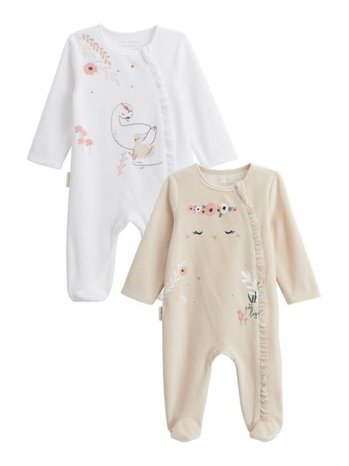 Lot de 2 pyjamas bébé en velours ouverture zippée Perle - Kiabi