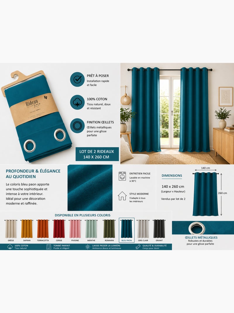 Lot de 2 Rideaux 100% Coton Prélavé – KALA Bleu paon - Kiabi