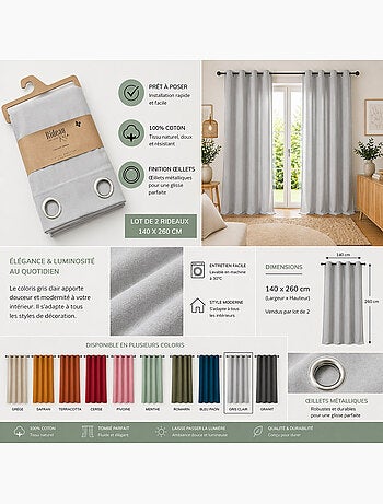 Lot de 2 Rideaux 100% Coton Prélavé – KALA