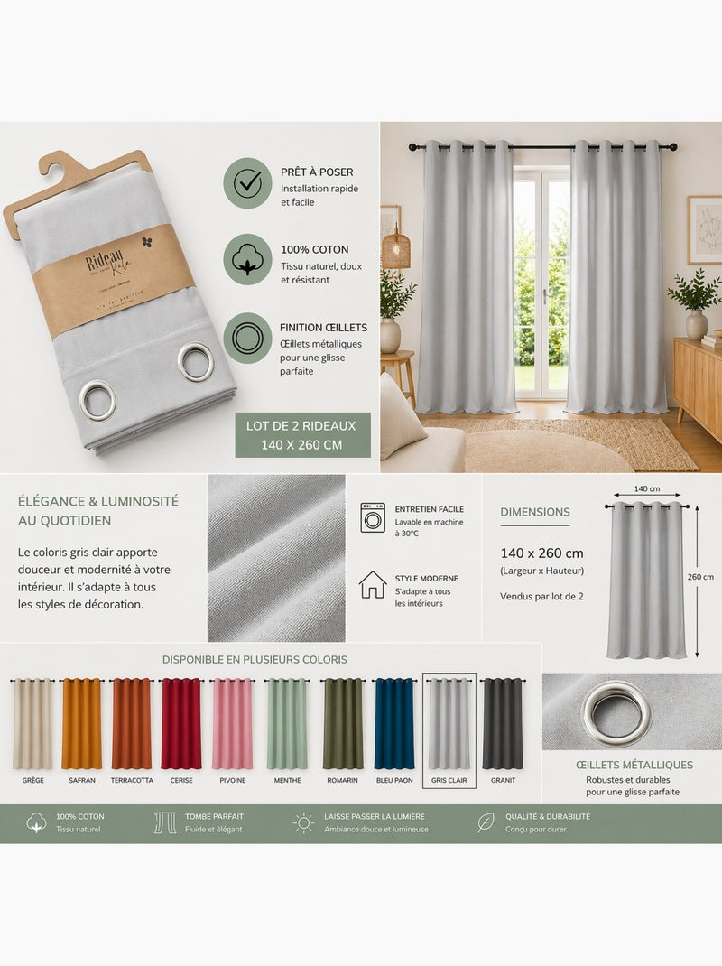 Lot de 2 Rideaux 100% Coton Prélavé – KALA Gris clair - Kiabi
