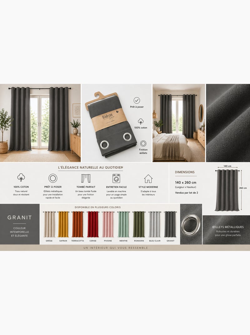 Lot de 2 Rideaux 100% Coton Prélavé – KALA Gris Granit - Kiabi