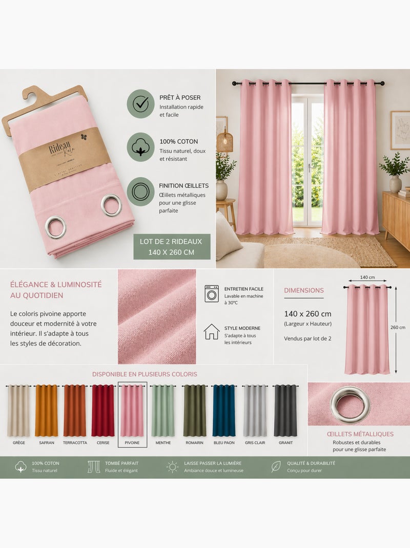Lot de 2 Rideaux 100% Coton Prélavé – KALA Rose - Kiabi