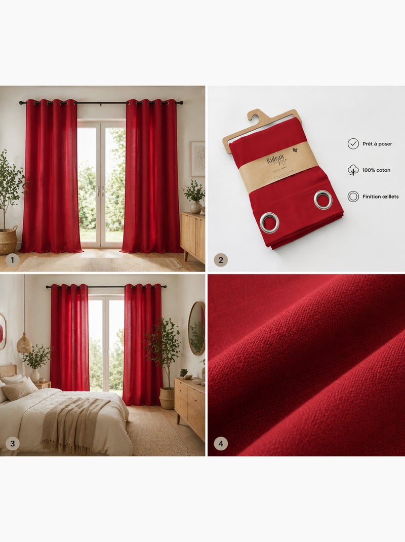 Lot de 2 Rideaux 100% Coton Prélavé – KALA Rouge - Kiabi