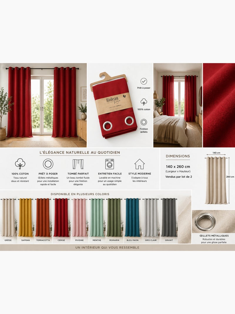 Lot de 2 Rideaux 100% Coton Prélavé – KALA Rouge - Kiabi