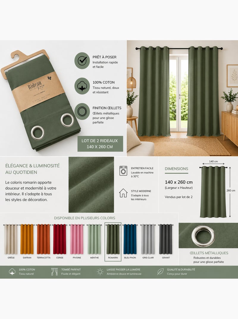 Lot de 2 Rideaux 100% Coton Prélavé – KALA Vert romarin - Kiabi