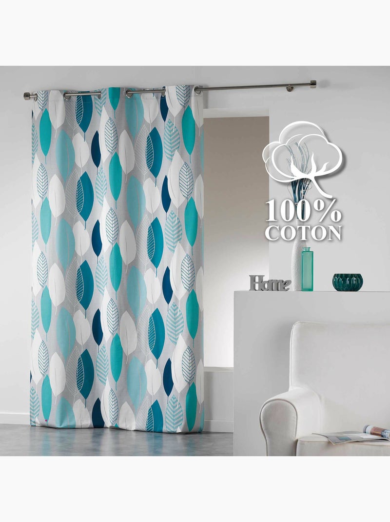Lot de 2 rideaux à œillets – coton tamisant imprimé Leafy Bleu - Kiabi