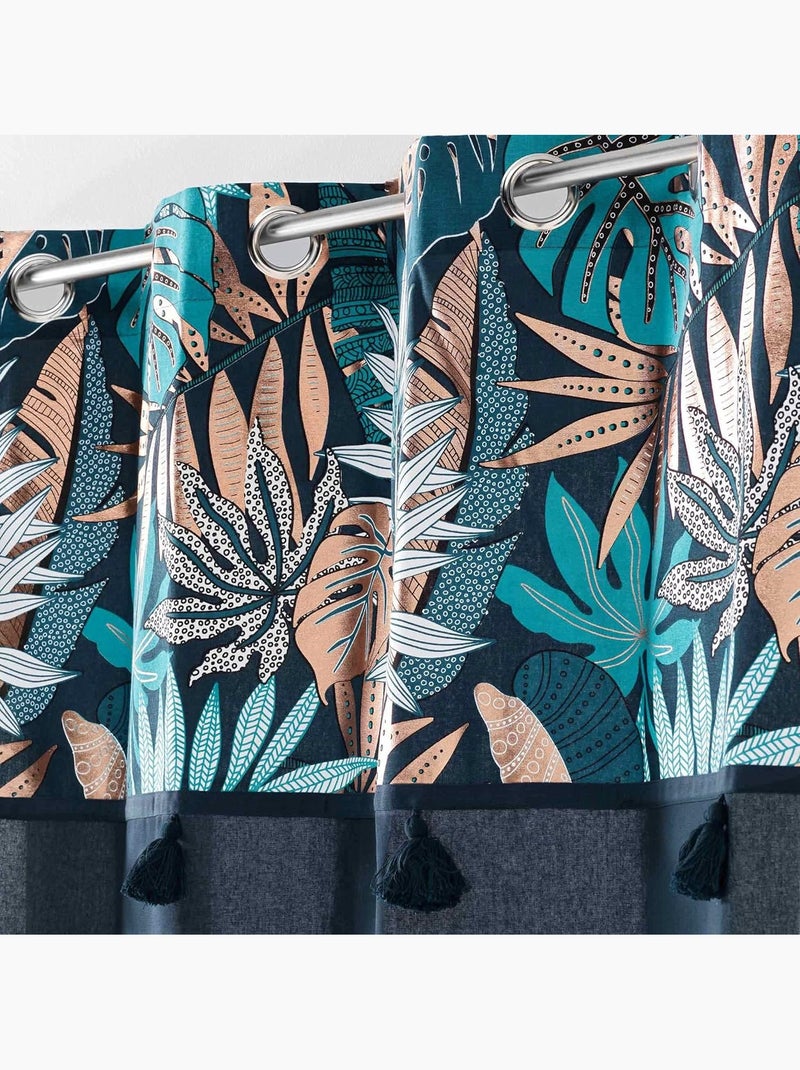 Lot de 2 rideaux a oeillets en coton + haut metallisé Alianor Bleu - Kiabi