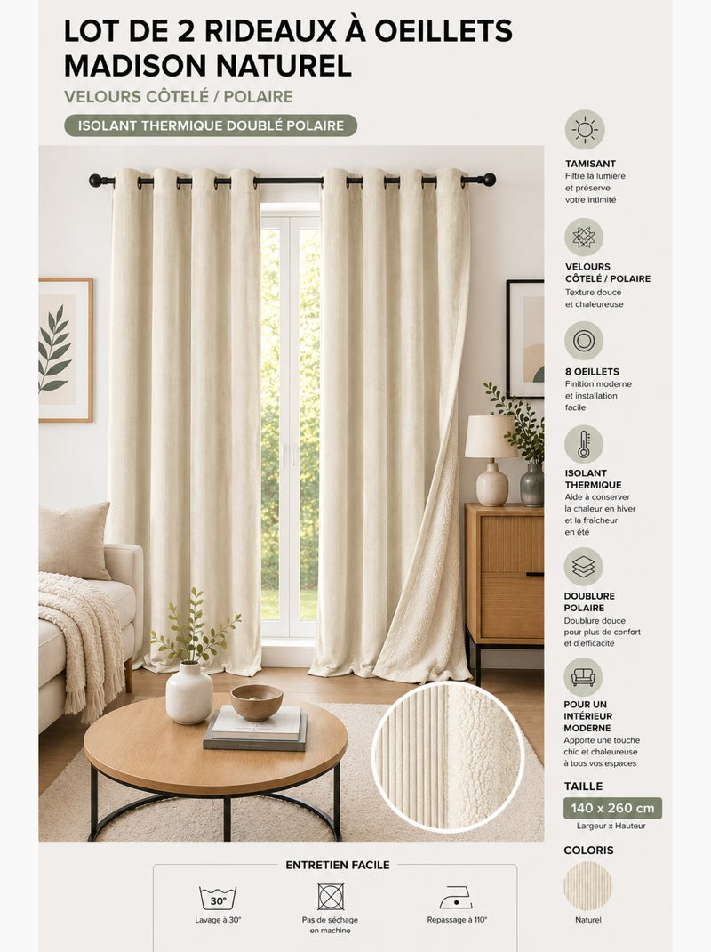 Lot de 2 Rideaux à Œillets Velours Côtelé / Polaire Thermique Beige naturel - Kiabi