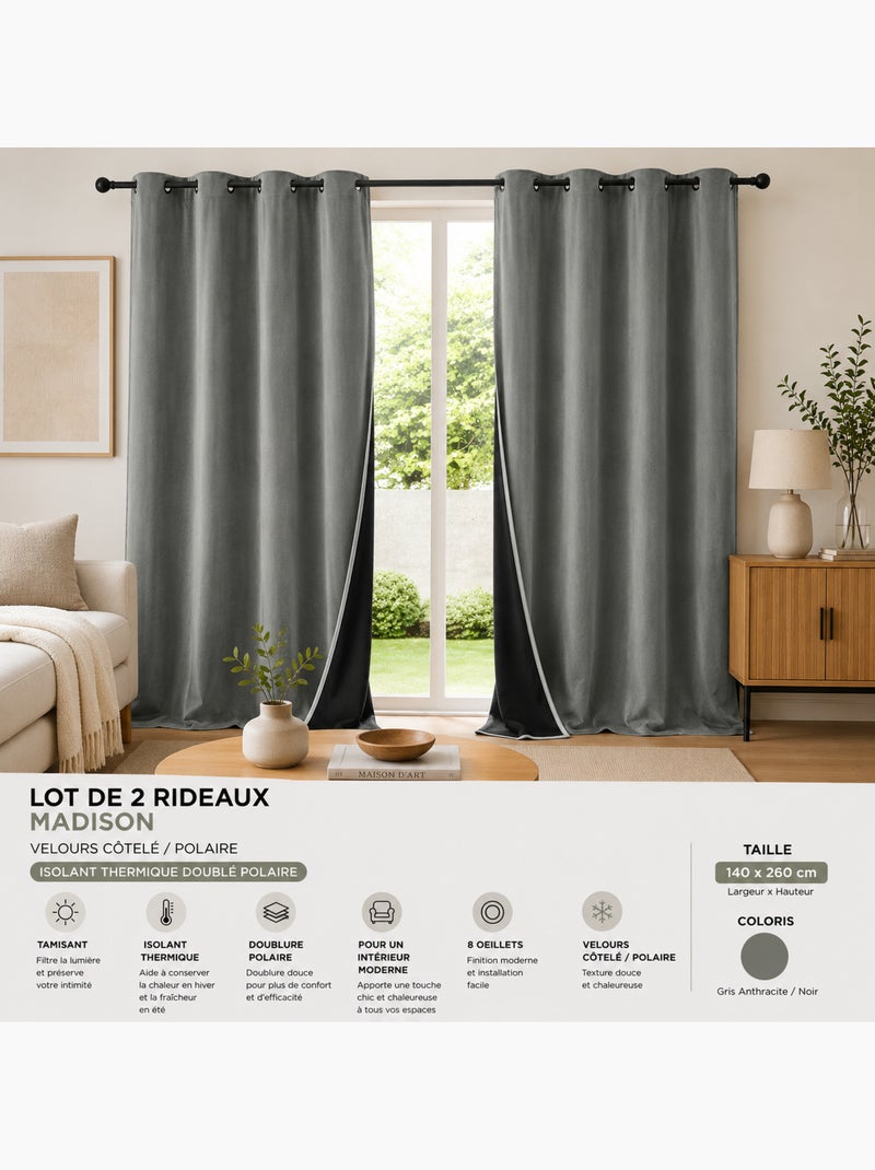 Lot de 2 Rideaux à Œillets Velours Côtelé / Polaire Thermique gris anthracite - Kiabi
