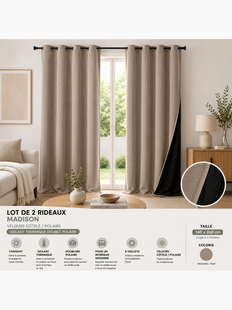 Lot de 2 Rideaux à Œillets Velours Côtelé / Polaire Thermique Marron noisette - Kiabi