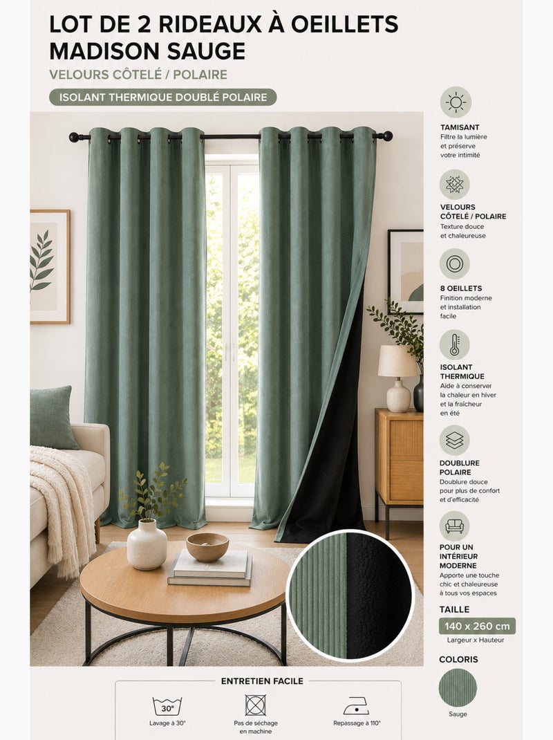 Lot de 2 Rideaux à Œillets Velours Côtelé / Polaire Thermique Vert Sauge - Kiabi