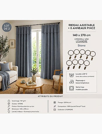 Lot de 2 rideaux ajustables + 8 anneaux pinces – lyocell uni