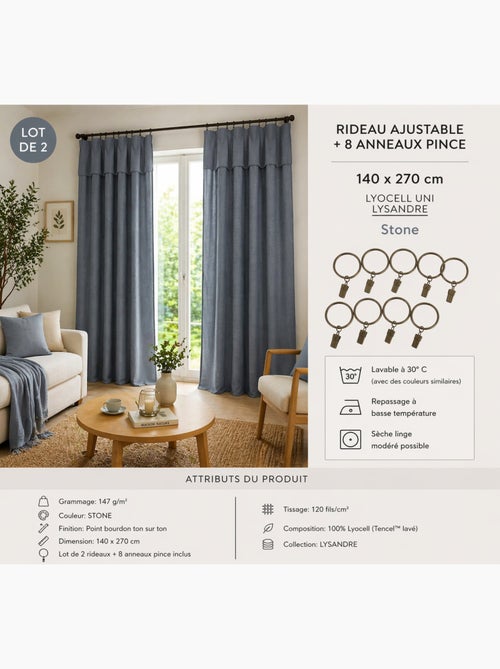 Lot de 2 Rideaux ajustables + 8 anneaux pinces – Lyocell uni - Kiabi