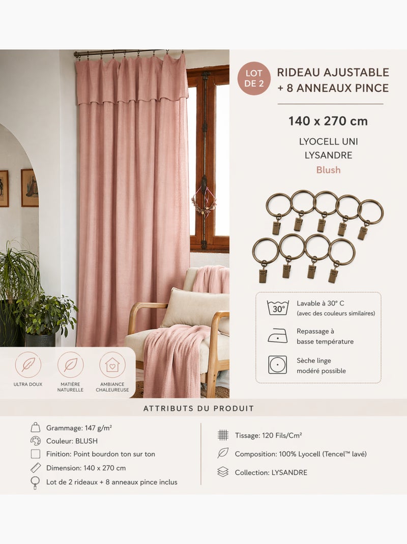 Lot de 2 Rideaux ajustables + 8 anneaux pinces – Lyocell uni Blush - Kiabi
