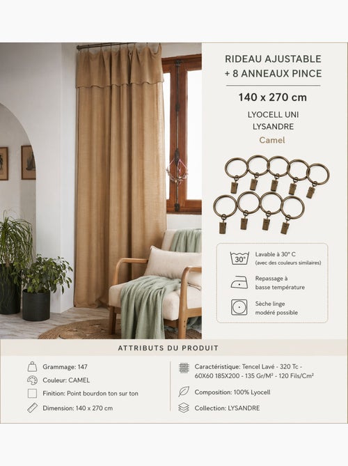Lot de 2 Rideaux ajustables + 8 anneaux pinces – Lyocell uni - Kiabi