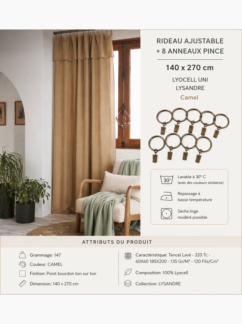 Lot de 2 Rideaux ajustables + 8 anneaux pinces – Lyocell uni Camel - Kiabi