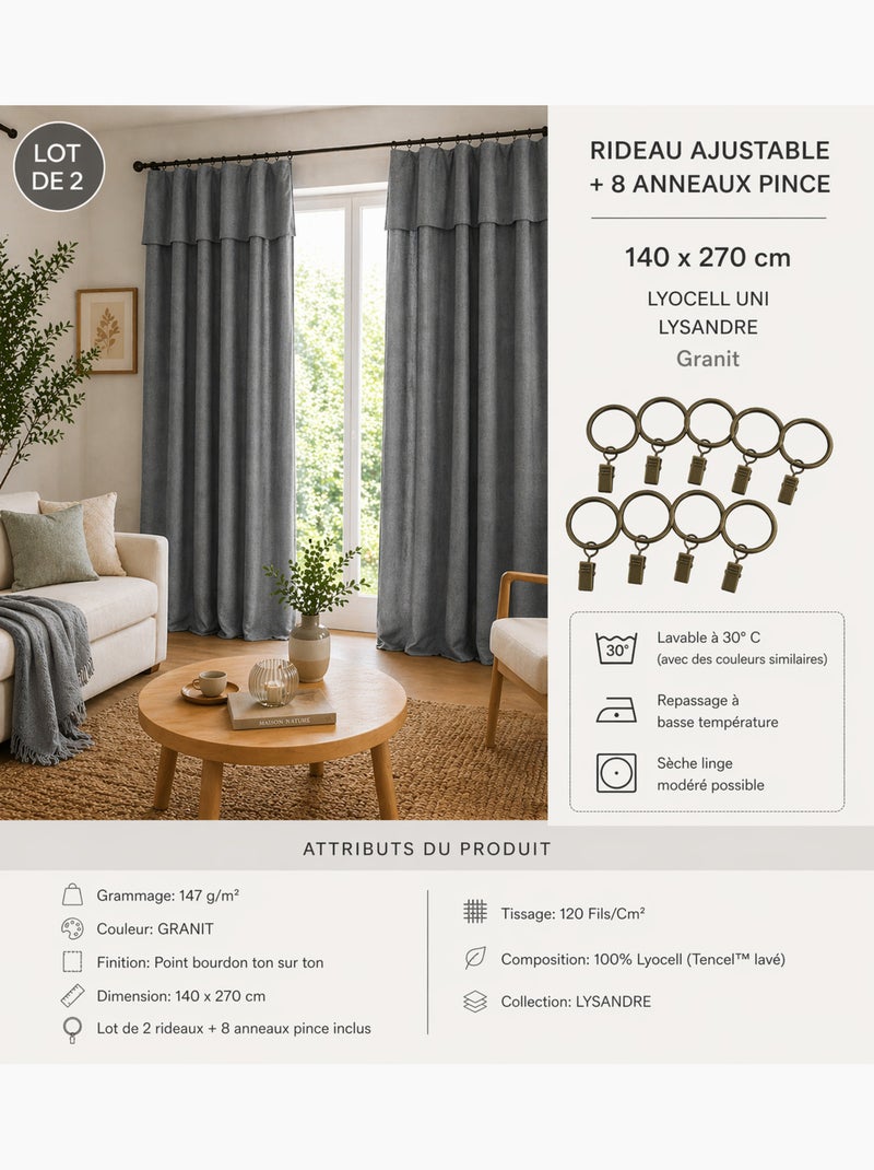 Lot de 2 Rideaux ajustables + 8 anneaux pinces – Lyocell uni Gris Granit - Kiabi