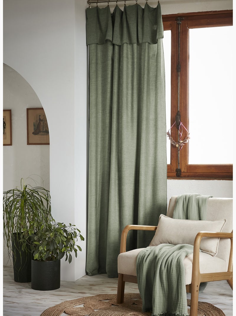 Lot de 2 Rideaux ajustables + 8 anneaux pinces – Lyocell uni Vert romarin - Kiabi
