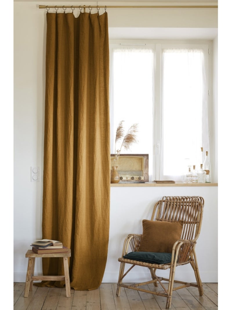 Lot de 2 rideaux ajustables en LIN Soline avec 8 anneaux pince Camel - Kiabi