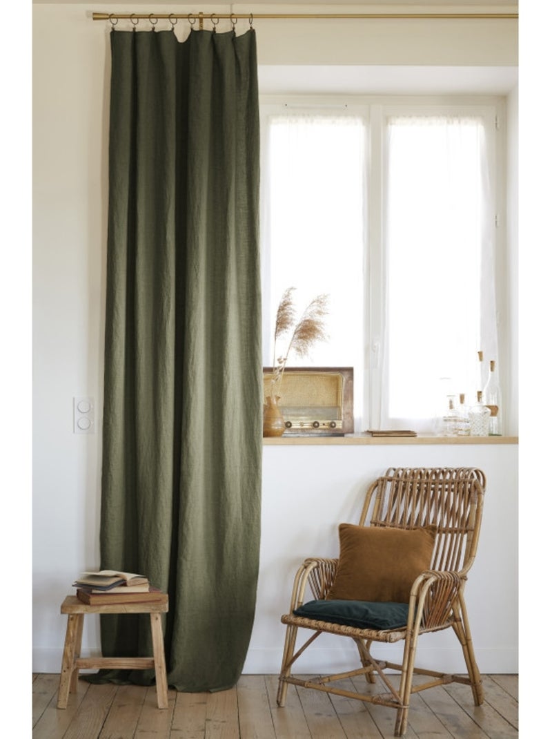 Lot de 2 rideaux ajustables en LIN Soline avec 8 anneaux pince Gris foncé - Kiabi