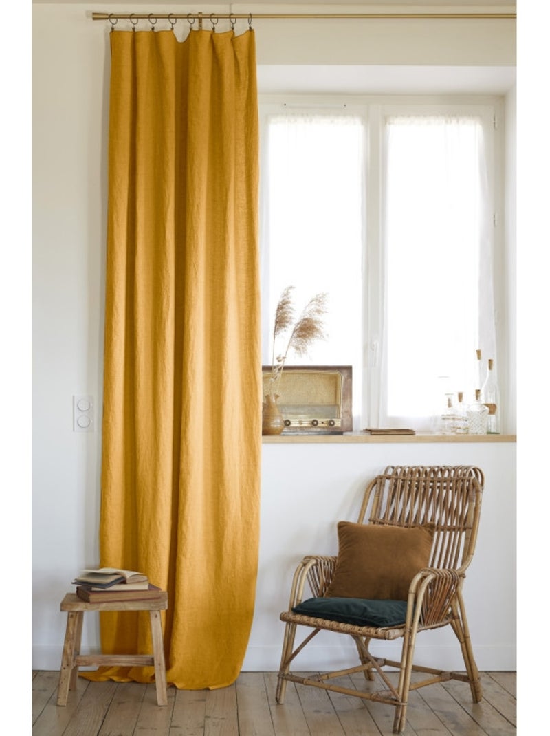 Lot de 2 rideaux ajustables en LIN Soline avec 8 anneaux pince Jaune - Kiabi