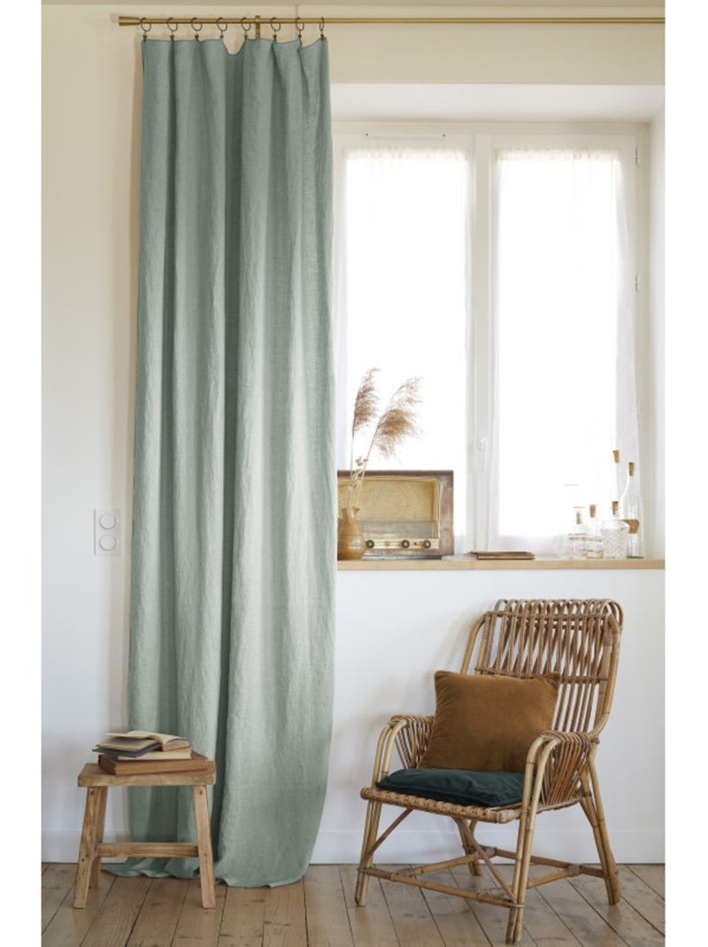 Lot de 2 rideaux ajustables en LIN Soline avec 8 anneaux pince Vert eucalyptus - Kiabi