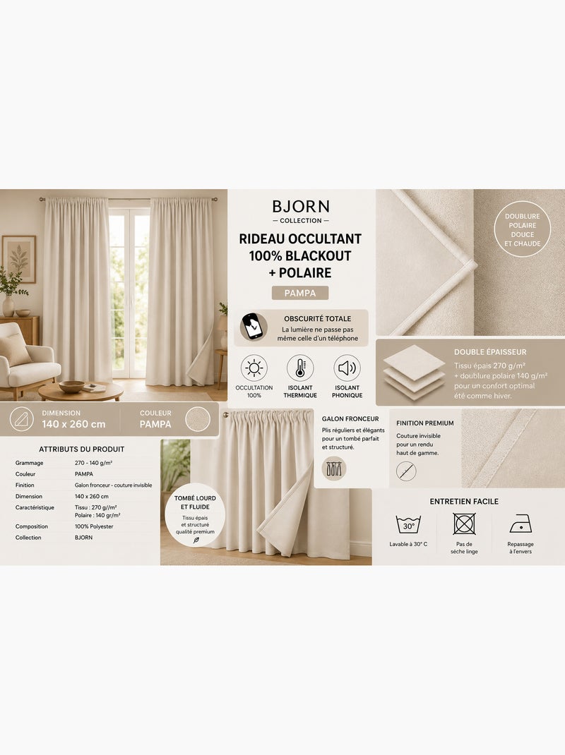 Lot de 2 Rideaux Blackout – Occultant Polaire – Galon Fronceur Beige - Kiabi